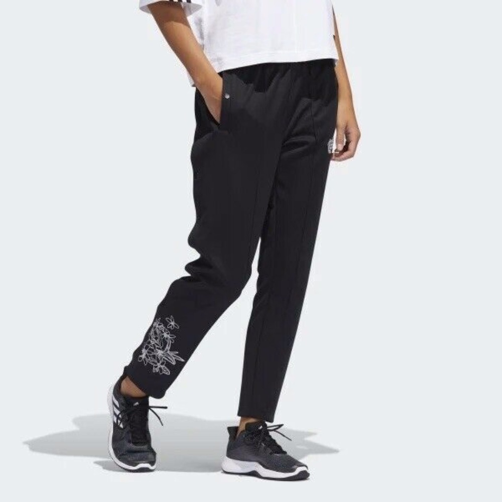 Adidas | Graphic Snap Button Joggers Womens XL Black Floral Print Elastic Waist